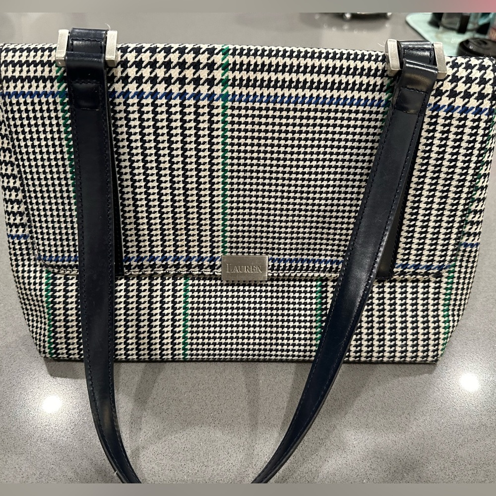 Lauren Ralph Lauren Houndstooth Shoulder Bag with Navy Straps